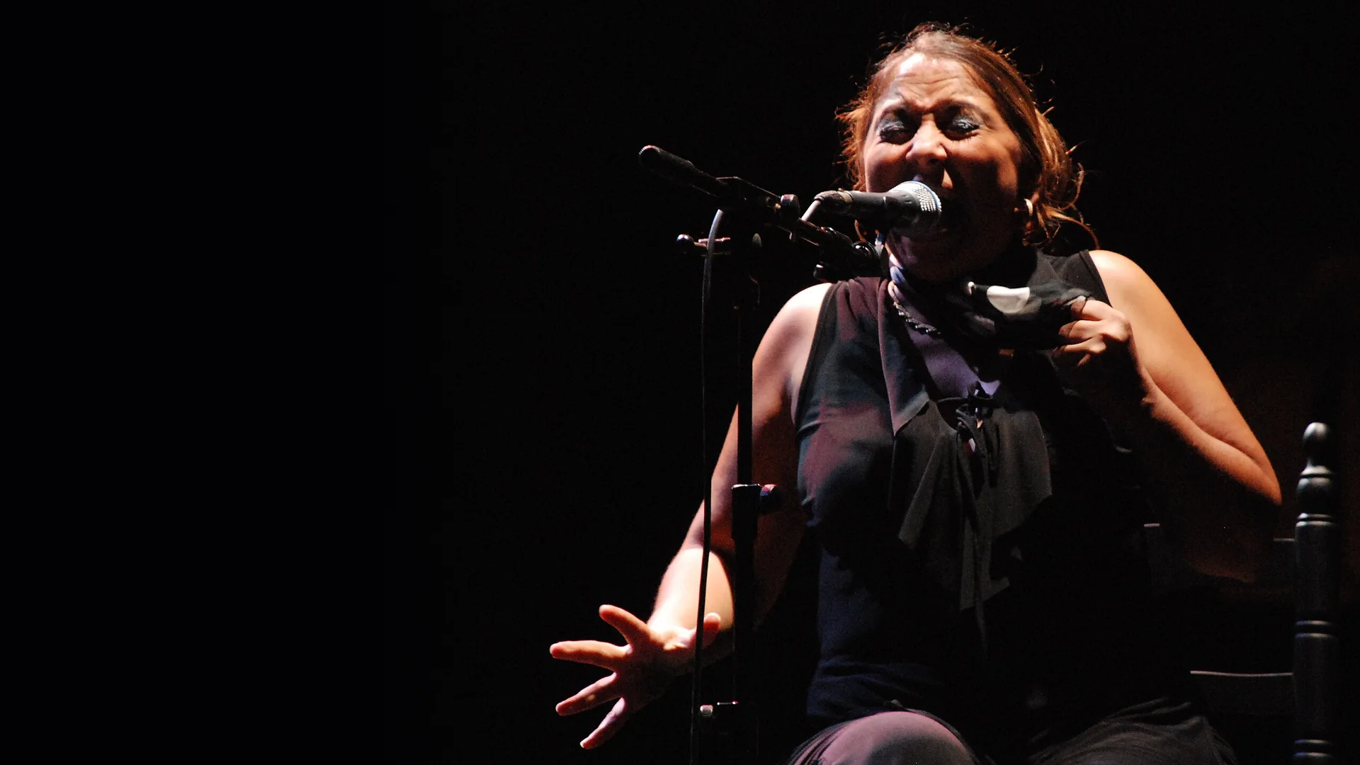 A flamenco singer mid-song on a dark stage, one hand open, at a Málaga festival