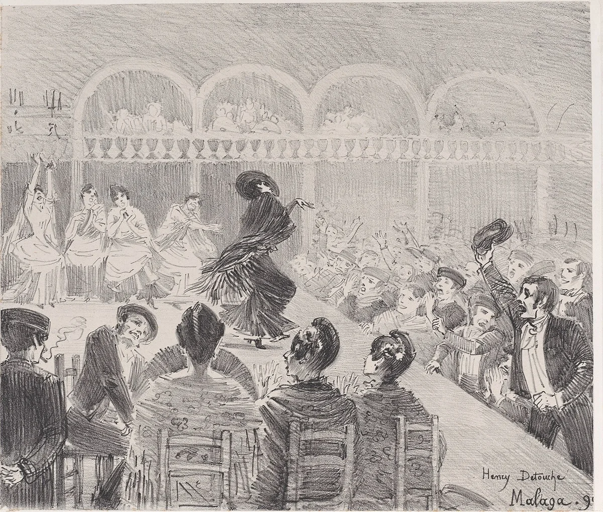 A pencil lithograph of a dancer in a black fringed shawl on a café stage, with seated singers behind her and a crowd in front